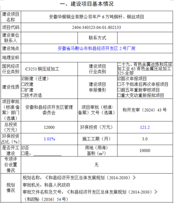 安徽华辉铜业拟建年产6万吨铜杆、铜丝项目